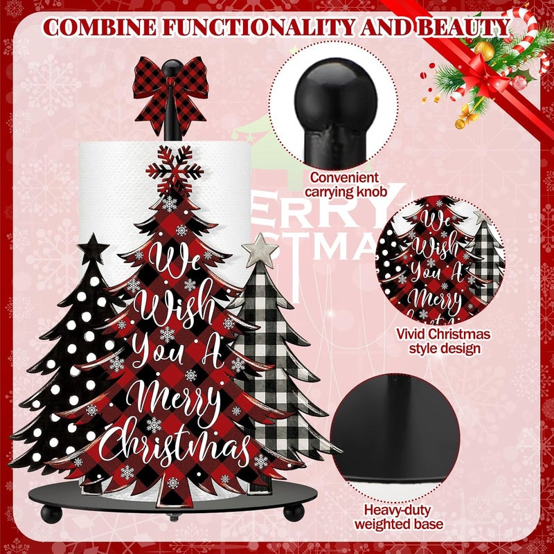 Shellwei Christmas Tree Paper Towel Holder with Round Base Buffalo Plaid Christmas Bathroom Decor Rustic Xmas Tree Dispenser Kitchen Paper Holder Stand for Xmas Countertop Toilet Home Accessories - Image 5